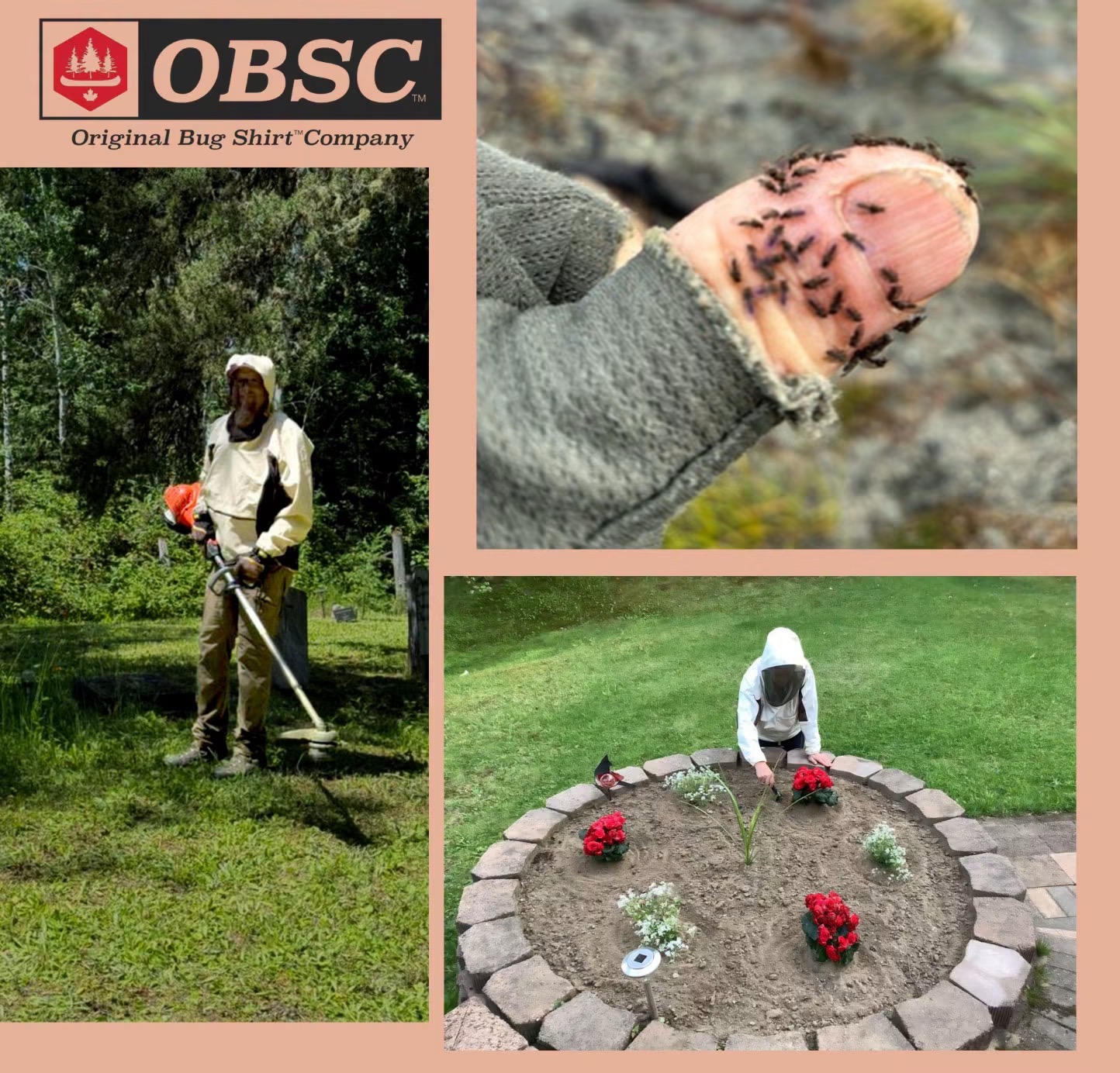 Collage showing Original Bug Shirt in use: weed whacking, bugs on glove, and gardening