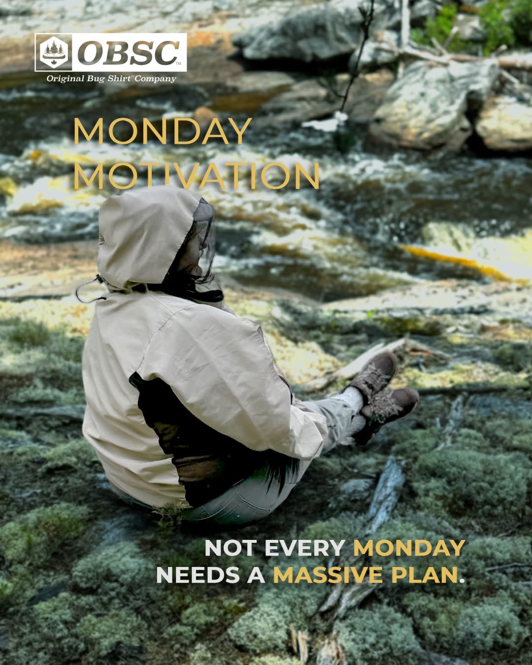 Person in Original Bug Shirt relaxing by a rushing river in the Ontario wilderness