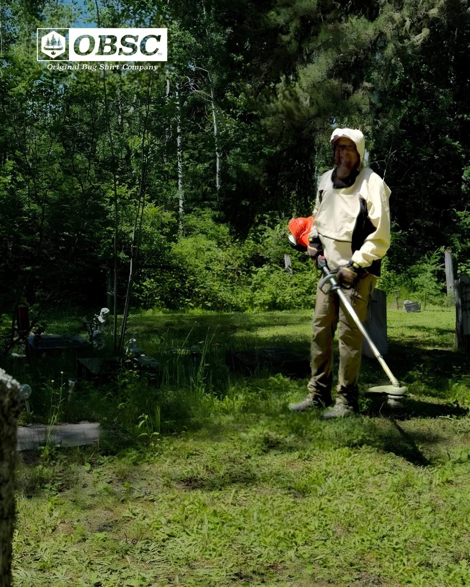 Man wearing Original Bug Shirt using a weed whacker in a wooded area